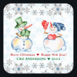 Funny Snowman Merry Christmas Crystals Snowflakes Square Sticker<br><div class="desc">Funny and Elegant design featuring two cute watercolor snowman,  silver crystals with pearls and blue diamonds snowflakes,  modern typography,  on a white background with blue snowflakes. Use Personalize tool to add your info.</div>