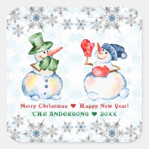 Funny Snowman Merry Christmas Crystals Snowflakes Square Sticker