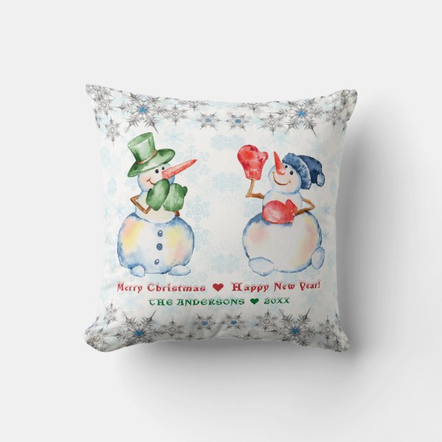 Funny Snowman Merry Christmas Crystals Snowflakes Throw Pillow (Front)