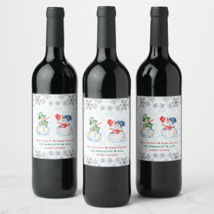 Funny Snowman Merry Christmas Crystals Snowflakes Wine Label