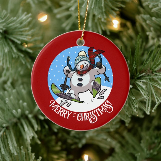 Funny Snowman Merry Christmas! Skiing Cartoon Ceramic Ornament (Tree)
