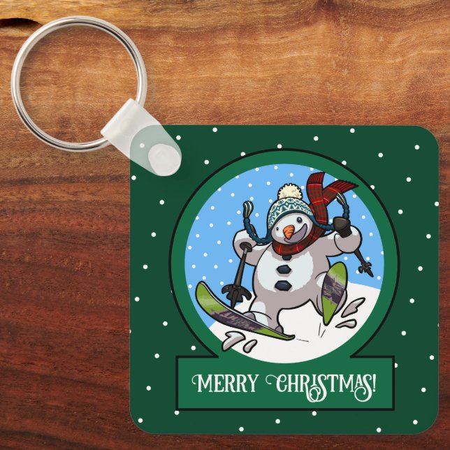 Funny Snowman Merry Christmas! Skiing Cartoon Keychain (Front)