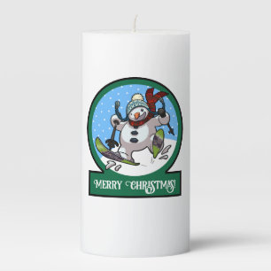 Funny Snowman Merry Christmas! Skiing Cartoon Pillar Candle