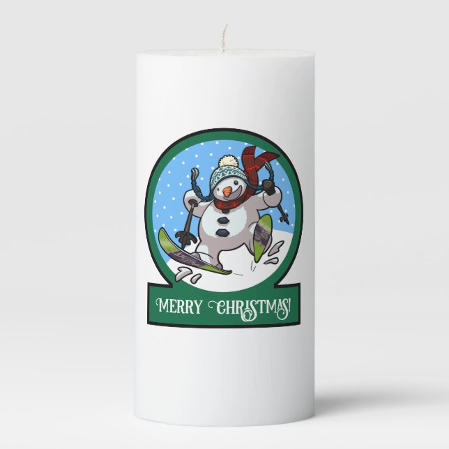 Funny Snowman Merry Christmas! Skiing Cartoon Pillar Candle (Front)