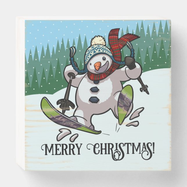 Funny Snowman Merry Christmas Skiing Cartoon Wooden Box Sign (Front Horizontal)