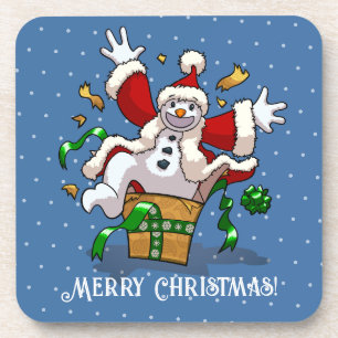 Funny Snowman Merry Christmas Surprise Cartoon Beverage Coaster