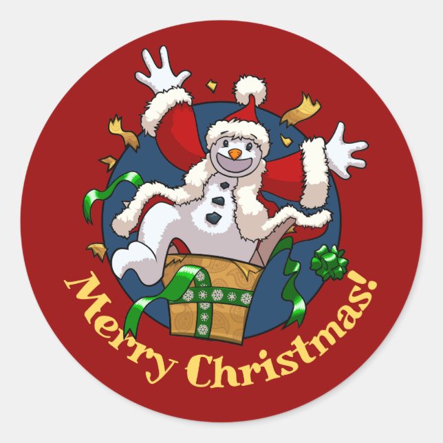 Funny Snowman Merry Christmas Surprise Cartoon Classic Round Sticker (Front)