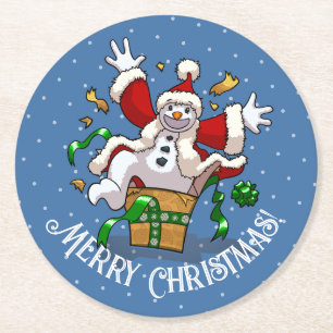 Funny Snowman Merry Christmas Surprise Cartoon Round Paper Coaster