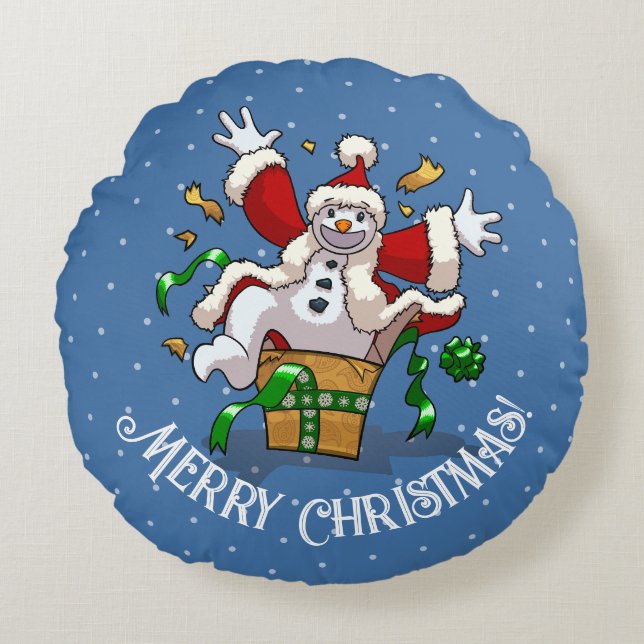 Funny Snowman Merry Christmas Surprise Cartoon Round Pillow (Front)