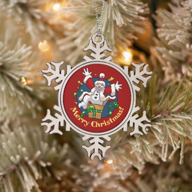 Funny Snowman Merry Christmas Surprise Cartoon Snowflake Pewter Christmas Ornament (Tree)