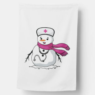 Funny snowman nurse with stethoscope house flag