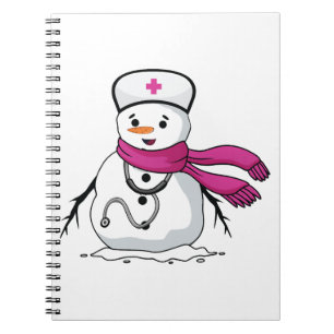Funny snowman nurse with stethoscope notebook