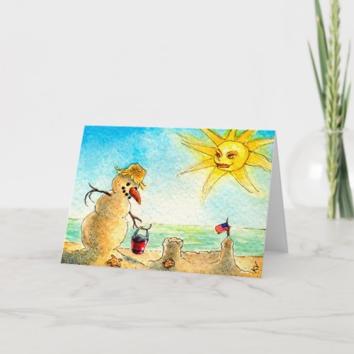 Funny Snowman on beach Holiday greeting card