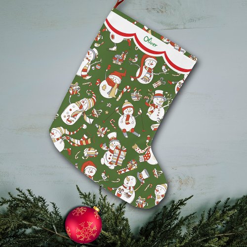 Funny Snowman Pattern on Green Large Christmas Stocking