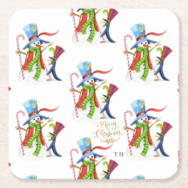 Funny Snowman Penguin Gold Glitter Merry Christmas Square Paper Coaster (Front)
