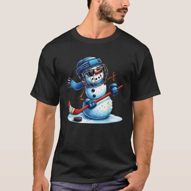 Funny Snowman Playing Ice Hockey Lovers Boys Girls T-Shirt (Front)