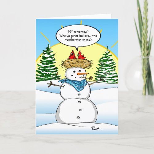Funny Snowman Red Cardinal Christmas Holiday Card
