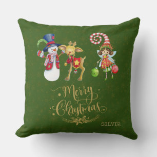 Funny Snowman Rudy Fairy Gold Merry Christmas Throw Pillow
