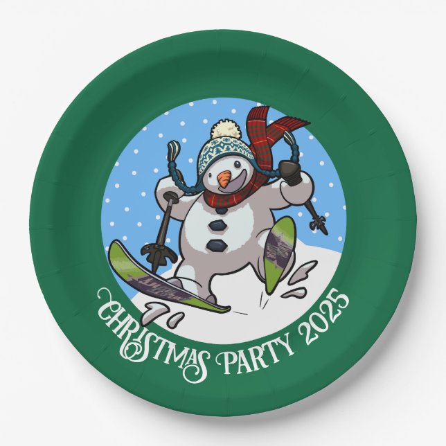 Funny Snowman Skiing Christmas Party Year Cartoon Paper Plates (Front)