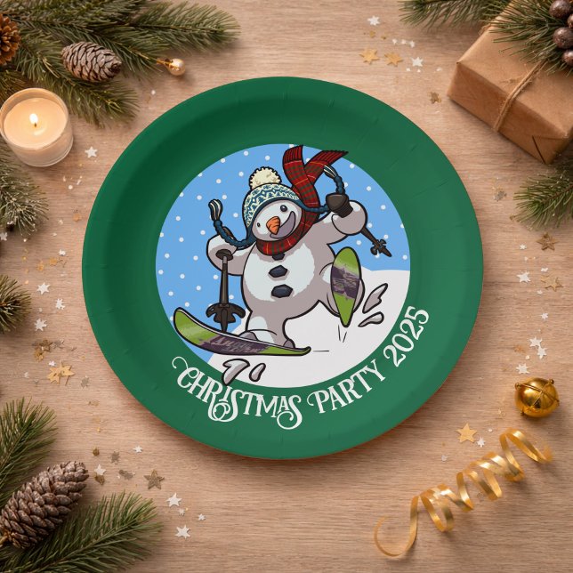 Funny Snowman Skiing Christmas Party Year Cartoon Paper Plates (Creator Uploaded)