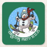 Funny Snowman Skiing Christmas Party Year Cartoon  Square Paper Coaster<br><div class="desc">A cute snowman skier on paper coasters for the Christmas party. Use "Personalize this template" to change the text to suit your event. Get the (snow) ball rolling for this year's Christmas party, with these cool coasters; featuring a happy snowman with a carrot nose, dashing downhill through the snow on...</div>