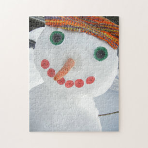 Funny Snowman Wearing Orange Hat Whimsical Photo Jigsaw Puzzle