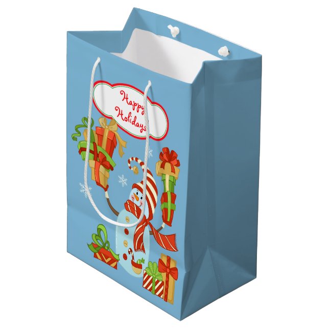 Funny Snowman with Gift Packages Christmas Medium Gift Bag (Front Angled)