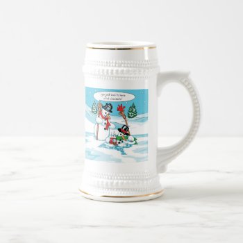 Funny Snowman With Hot Chocolate Cartoon Beer Stein by gingerbreadwishes at Zazzle