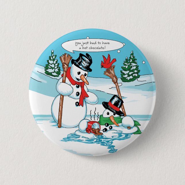 Funny Snowman with Hot Chocolate Cartoon Button (Front)