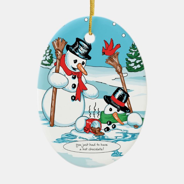 Funny Snowman with Hot Chocolate Cartoon Ceramic Ornament (Front)