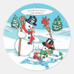 Funny Snowman With Hot Chocolate Cartoon Classic Round Sticker at Zazzle