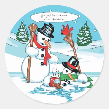 Funny Snowman With Hot Chocolate Cartoon Classic Round Sticker by gingerbreadwishes at Zazzle