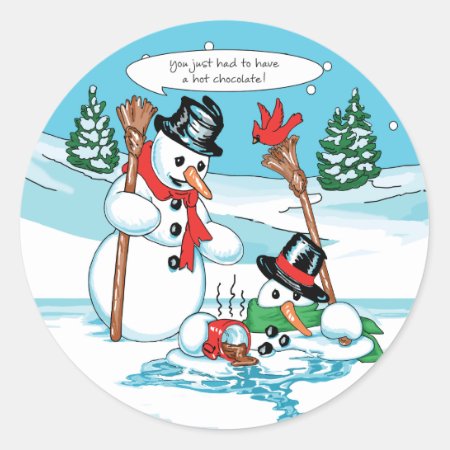 Funny Snowman With Hot Chocolate Cartoon Classic Round Sticker