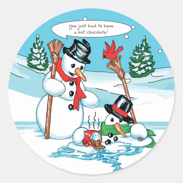 Funny Snowman with Hot Chocolate Cartoon Classic Round Sticker | Zazzle