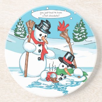 Funny Snowman With Hot Chocolate Cartoon Coaster by gingerbreadwishes at Zazzle