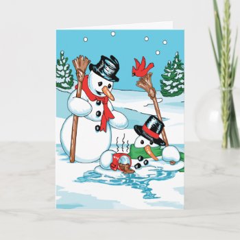 Funny Snowman With Hot Chocolate Cartoon Holiday Card by gingerbreadwishes at Zazzle