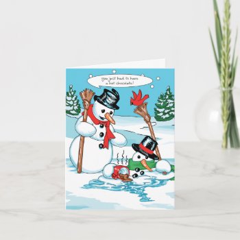 Funny Snowman With Hot Chocolate Cartoon Holiday Card by gingerbreadwishes at Zazzle