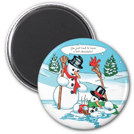 Funny Snowman With Hot Chocolate Cartoon Magnet