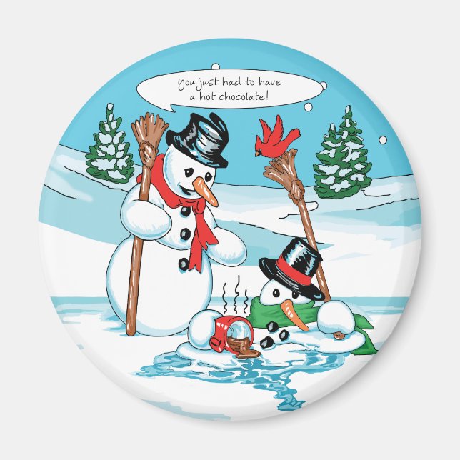Funny Snowman with Hot Chocolate Cartoon Magnet (Front)