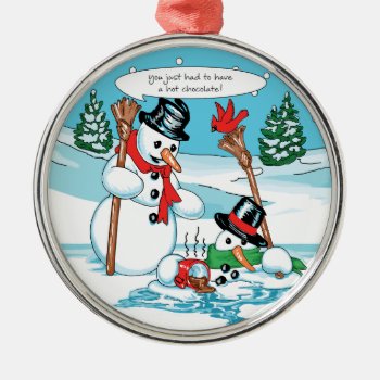 Funny Snowman With Hot Chocolate Cartoon Metal Ornament by gingerbreadwishes at Zazzle