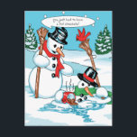 Funny Snowman with Hot Chocolate Cartoon Postcard<br><div class="desc">A startled looking snowman has melted into a puddle because he just had to have a cup of cocoa! This silly cartoon is my original artwork, and I hope it makes you smile! The design is available on dozens of gift and apparel items in my store, Gingerbread Wishes. It would...</div>