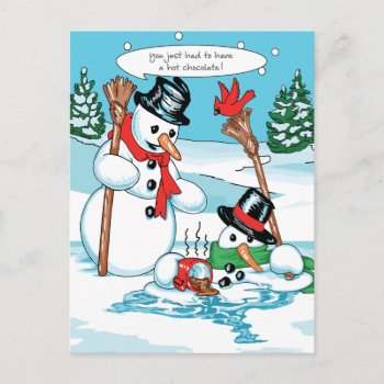 Funny Snowman With Hot Chocolate Cartoon Postcard by gingerbreadwishes at Zazzle