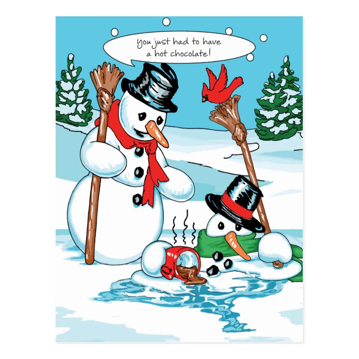 Funny Snowman With Hot Chocolate Cartoon Postcard Zazzle Com