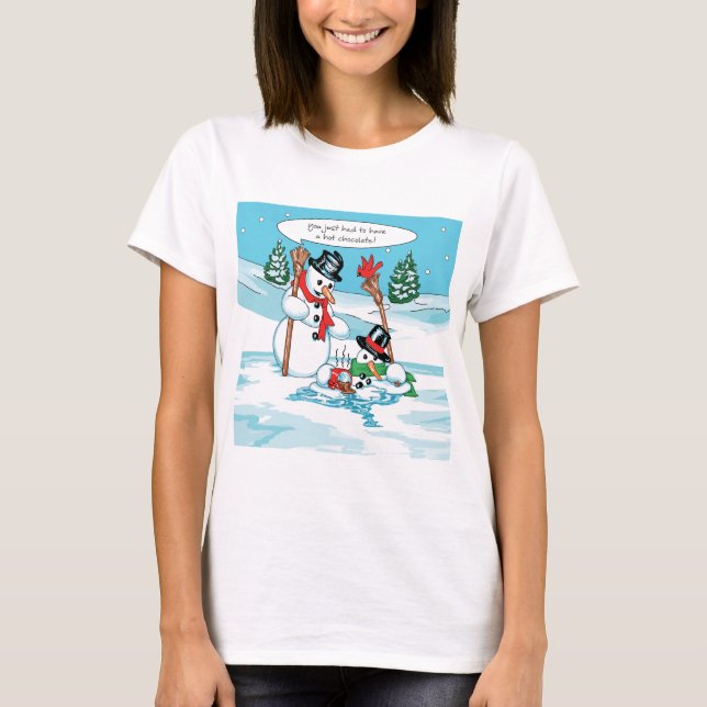Funny Snowman with Hot Chocolate Cartoon T-Shirt (Front)