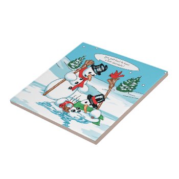 Funny Snowman With Hot Chocolate Cartoon Tile by gingerbreadwishes at Zazzle