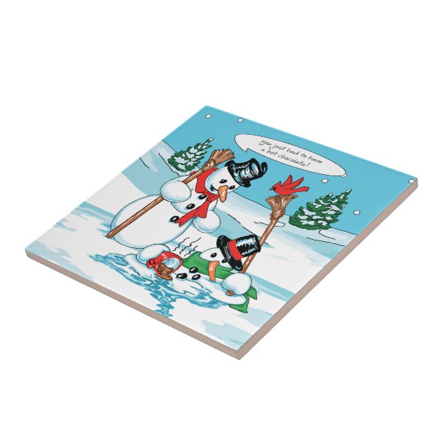 Funny Snowman with Hot Chocolate Cartoon Tile (Side)