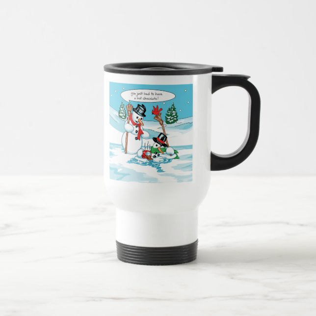 Funny Snowman with Hot Chocolate Cartoon Travel Mug (Right)