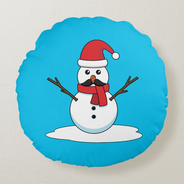 Funny Snowman with Mustache and Carrot Round Pillow (Front)