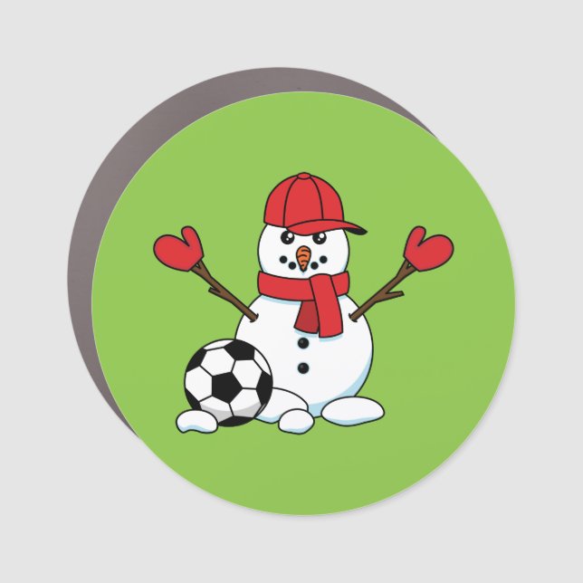 Funny Snowman with Soccer Ball Car Magnet (Front)