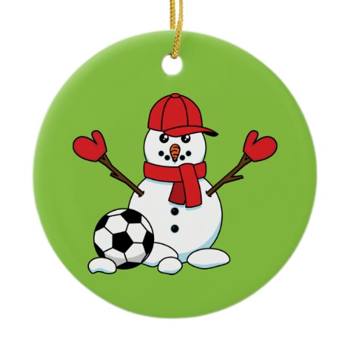 Funny Snowman with Soccer Ball Ceramic Ornament